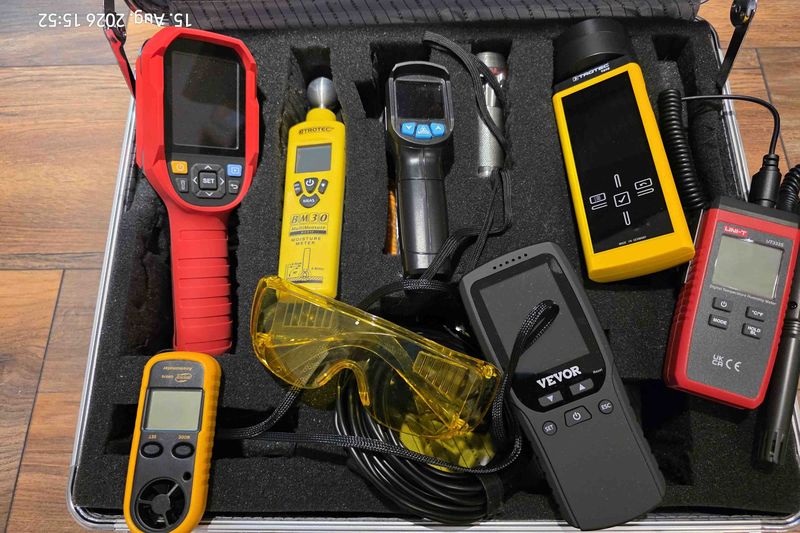 Geöffneter Messkoffer mit Thermohygrometer, Endoskopkamera, Feuchtemessgerät, Anemometer, Wärmebildkamera, UV-Lampe und Schutzbrille