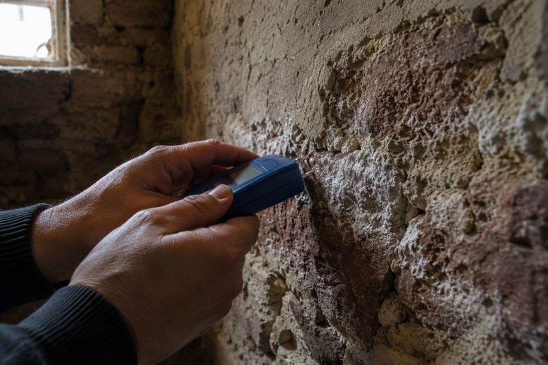 Hand hält ein Feuchtemessgerät mit zwei Messspitzen an eine Kellerwand aus Sandstein mit weißen Salzausblühungen