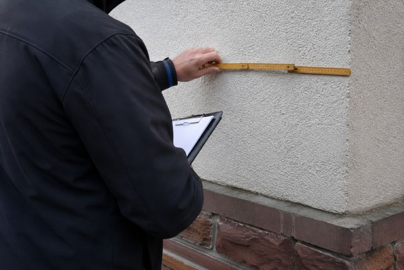 Person nimmt mit einem Zollstock Maß an einer verputzten Hausfassade und hält ein Klemmbrett im Arm