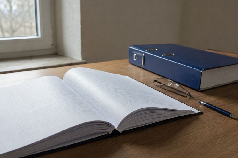 Aufgeschlagenes Gutachten auf einem Schreibtisch, daneben ein blauer Ordner, eine Lesebrille und ein Kugelschreiber